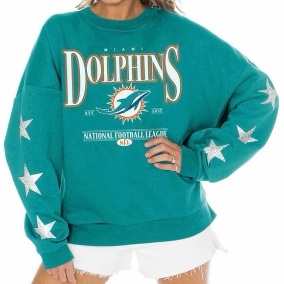 Gameday Couture Aqua Miami Dolphins Rhinestone Star Sleeve Oversized Sweatshirt - Picture 1 of 5